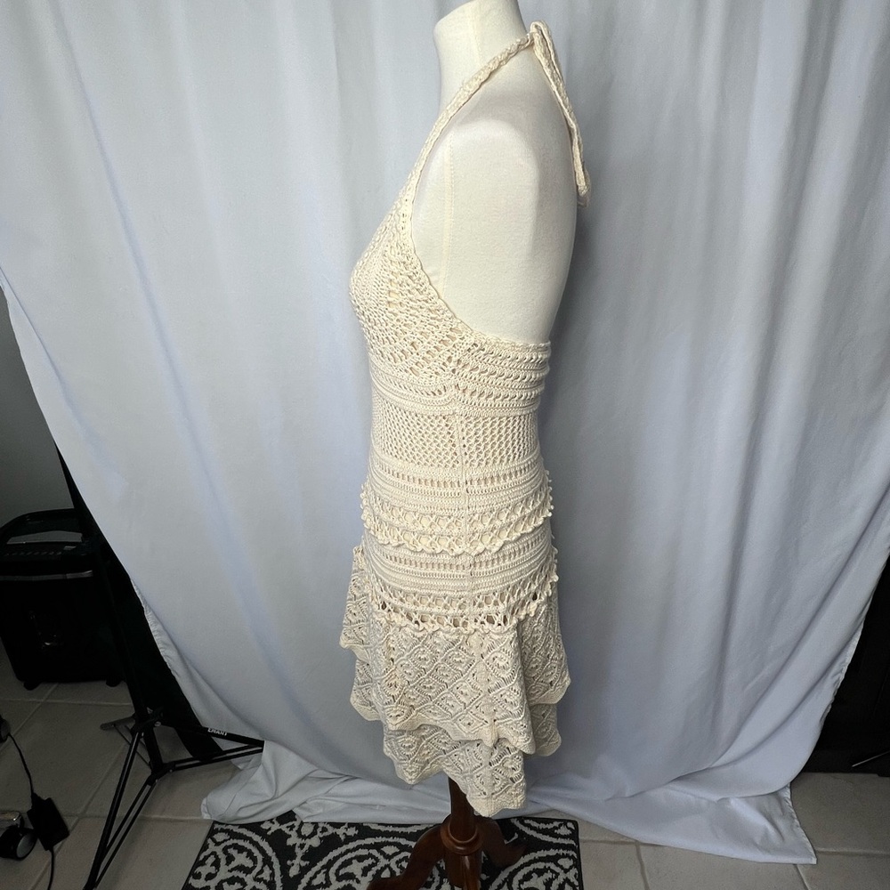 ✨ MODA International Cream Crochet Halter Dress Boho Festive Mini Dress - Medium - Picture 4 of 11